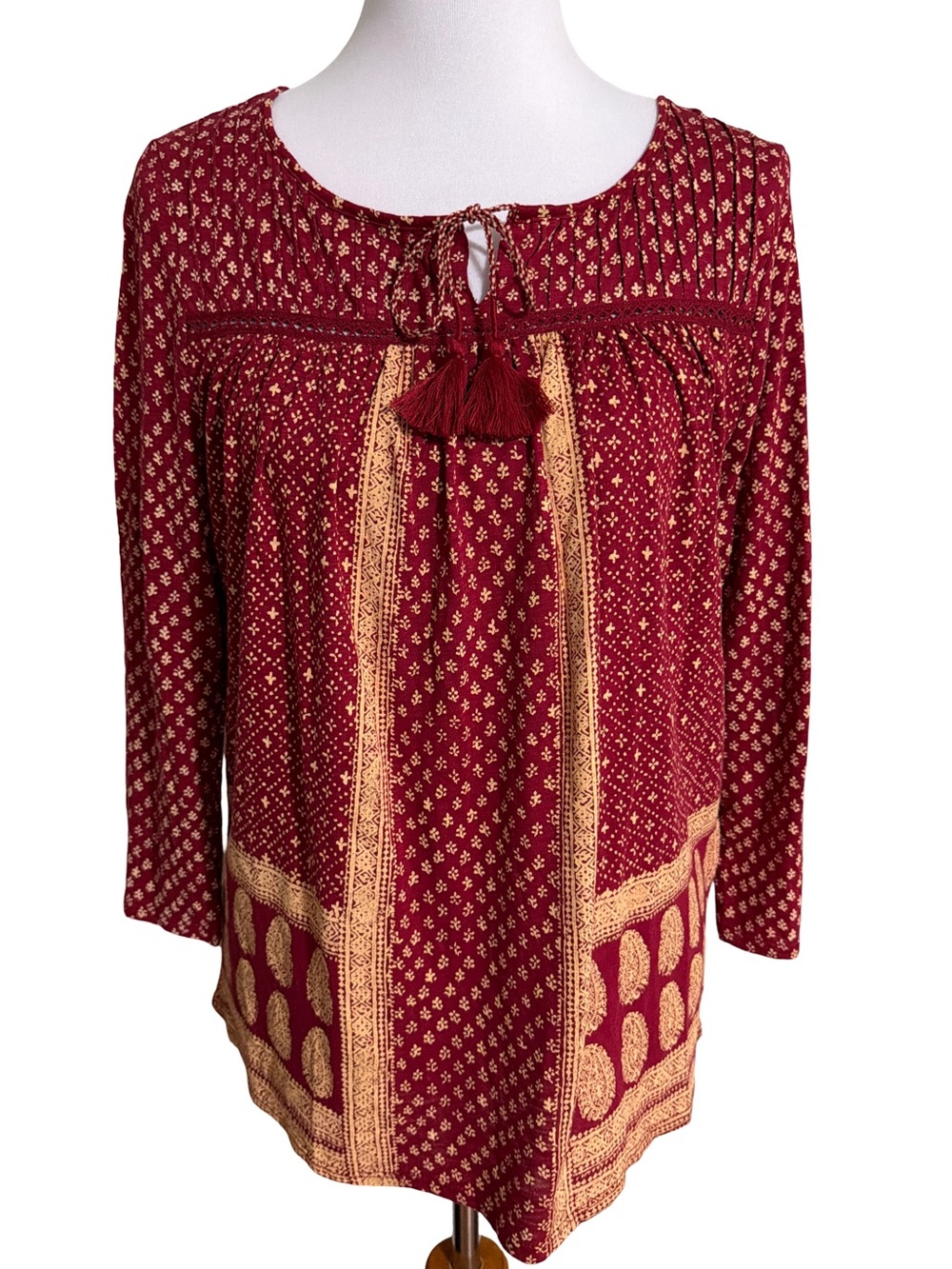 Lucky Brand Burgundy and Gold Boho Tassel Peasant Blouse